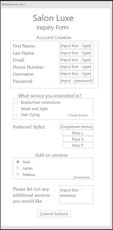 Wireframe for form assignment